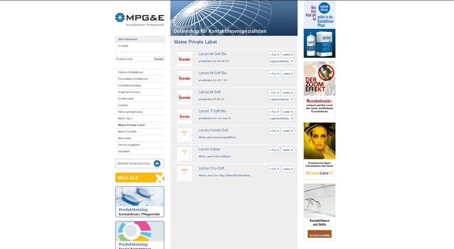 MPG&E - Onlineshop Produktliste