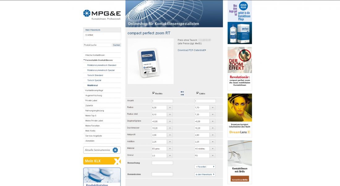 MPG&E - Onlineshop Produktparameter